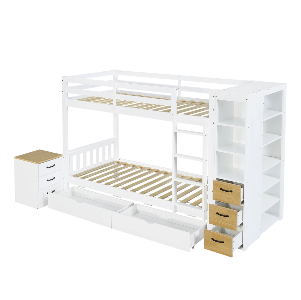 Letto a castello in legno bianco 90x200 cm con due cassettoni, scaffale laterale e comodino mobile
