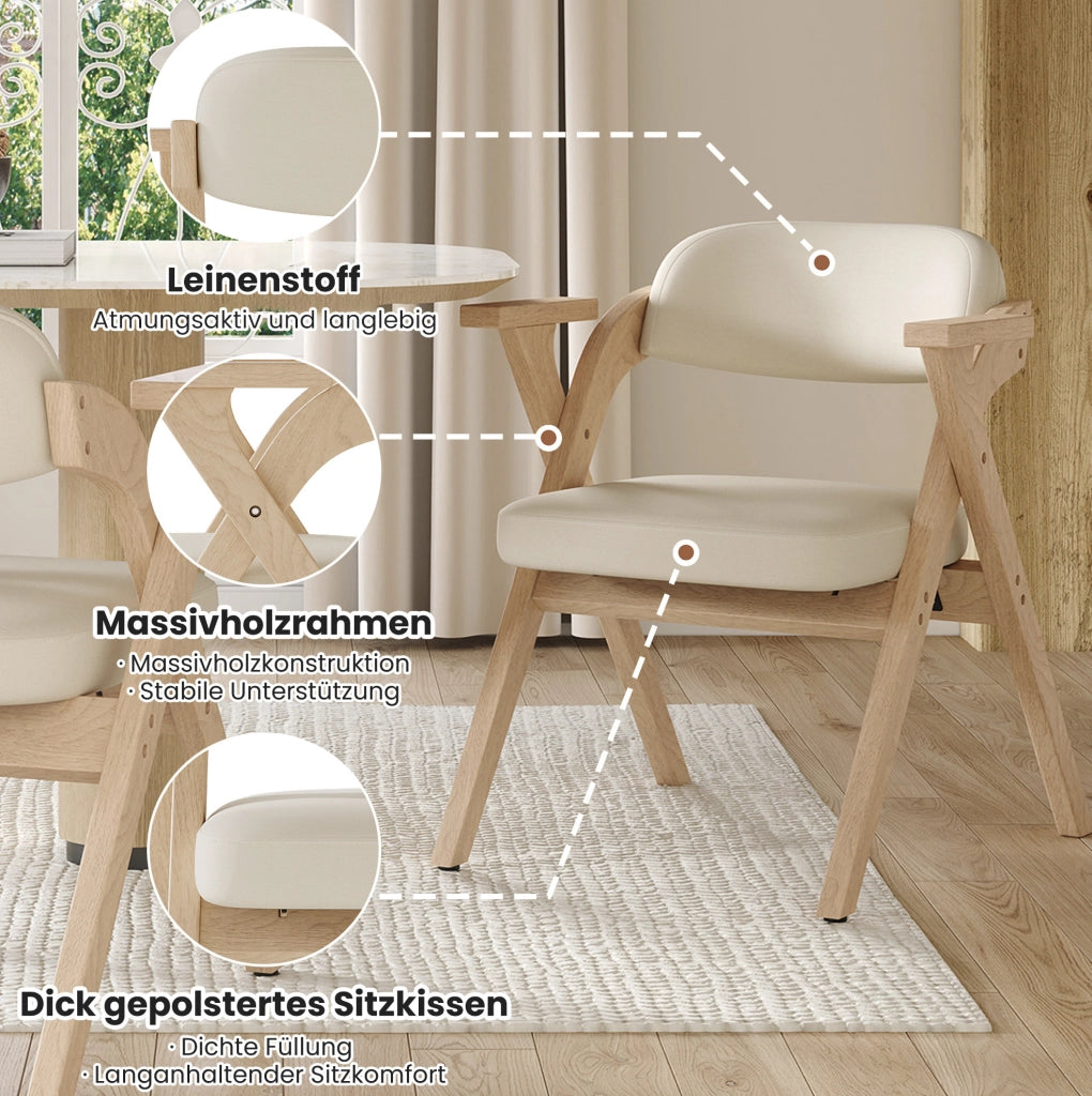 Set di 2 sedie da pranzo pieghevoli in legno massello e lino beige con braccioli