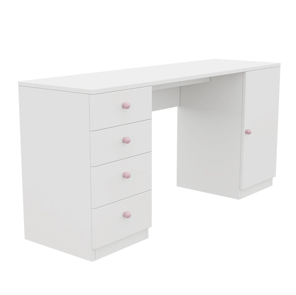 Scrivania per bambini bianca con 4 cassetti e maniglie in ceramica rosa, 155x45x74 cm