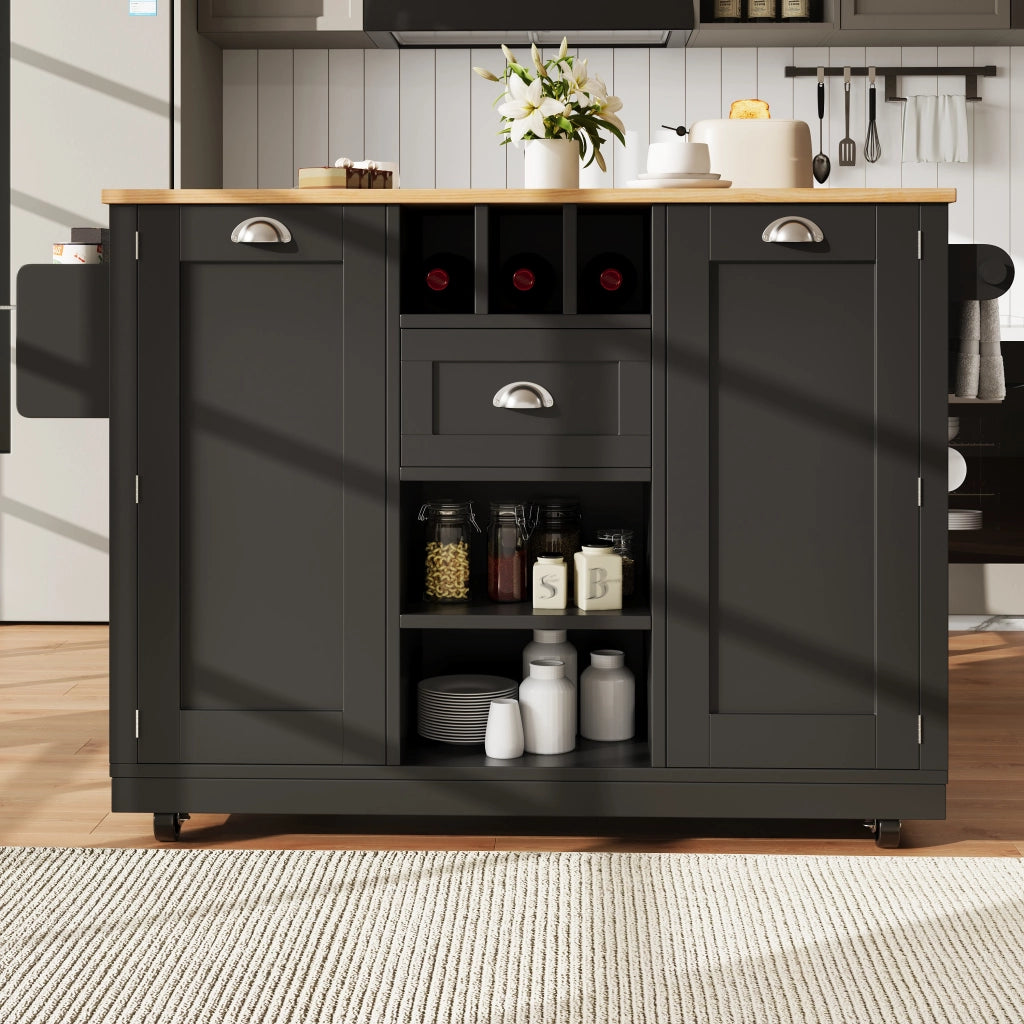 Carrello da cucina con piano ribaltabile; portabottiglie estraibile; 5 ruote piroettanti e portasciugamani nero