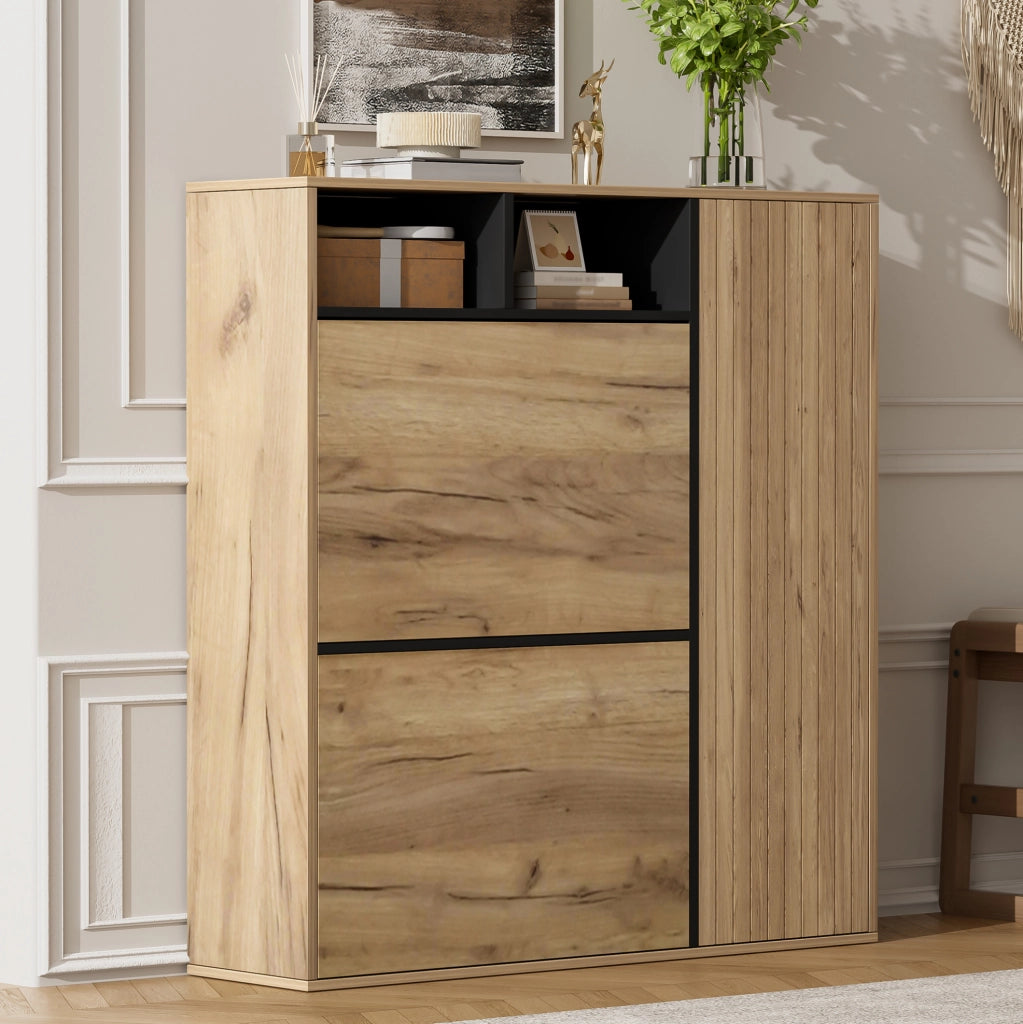 Scarpiera sottile con 2 ribalte e 1 anta, ripiani regolabili, design salvaspazio in legno e nero, 90x24x94 cm