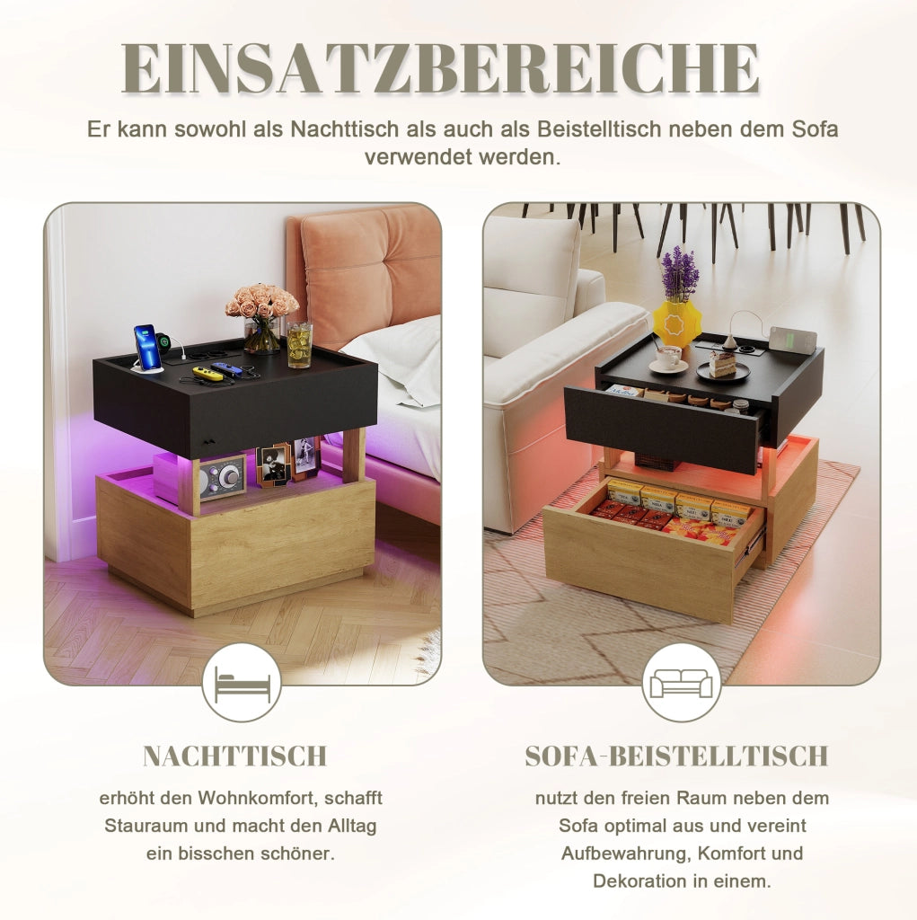 Comodino intelligente con ricarica wireless, luci LED ambientali, porte USB e due cassetti - nero e legno naturale, 50x40x50 cm
