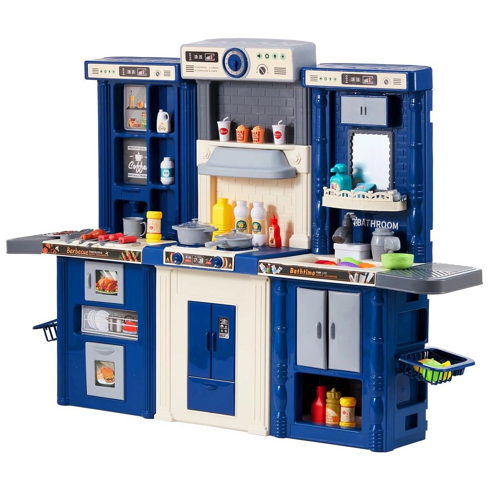 Cucina Bambini 3-8 Anni 3 in 1 Spruzzatore Simulato Suoni Luci Accessori 74 Pezzi Piccoli Prescolare Blu