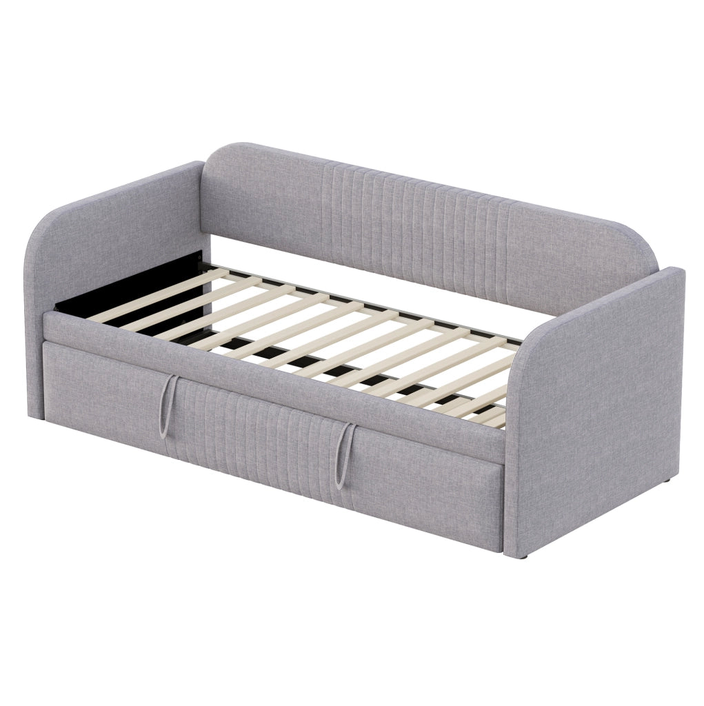 Divano Letto Estraibile in Lino Traspirante 90x190 cm con Rete a Doghe, Colore Grigio Chiaro
