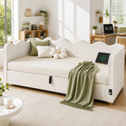 Letto contenitore singolo 90 × 200 cm con vano idraulico, USB e porta USB-C, senza materasso, velluto beige