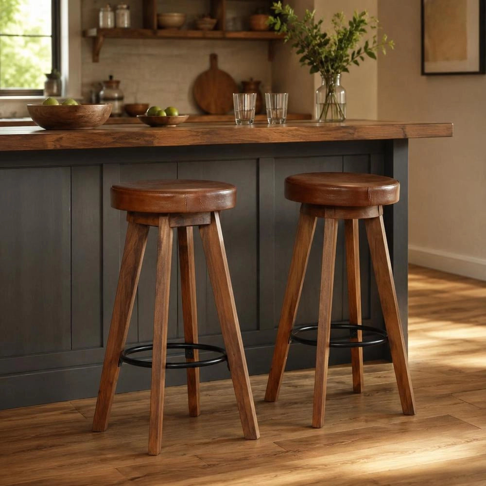 Bar Stools, 2 Pieces. Genuine Leather And Solid Acacia Wood.