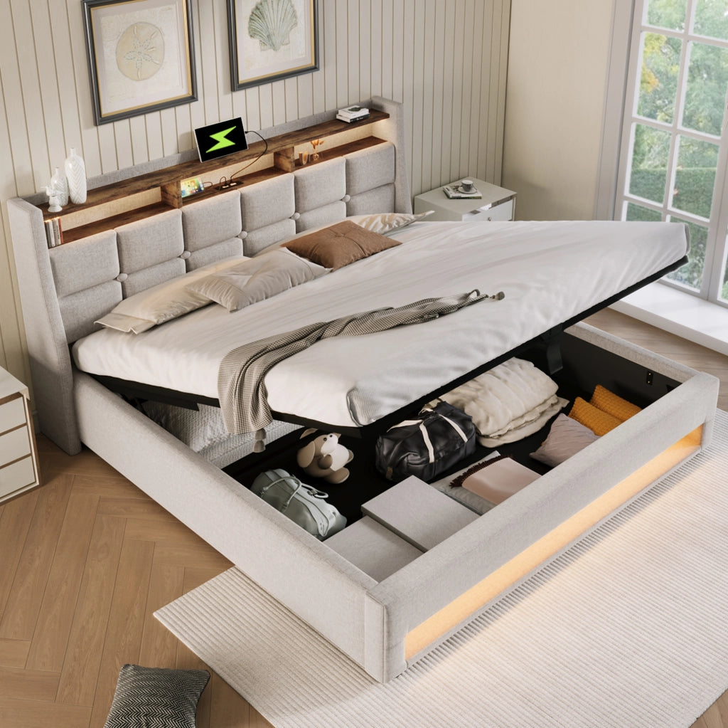 Letto imbottito beige chiaro 140 x 200 cm con LED, USB e contenitore
