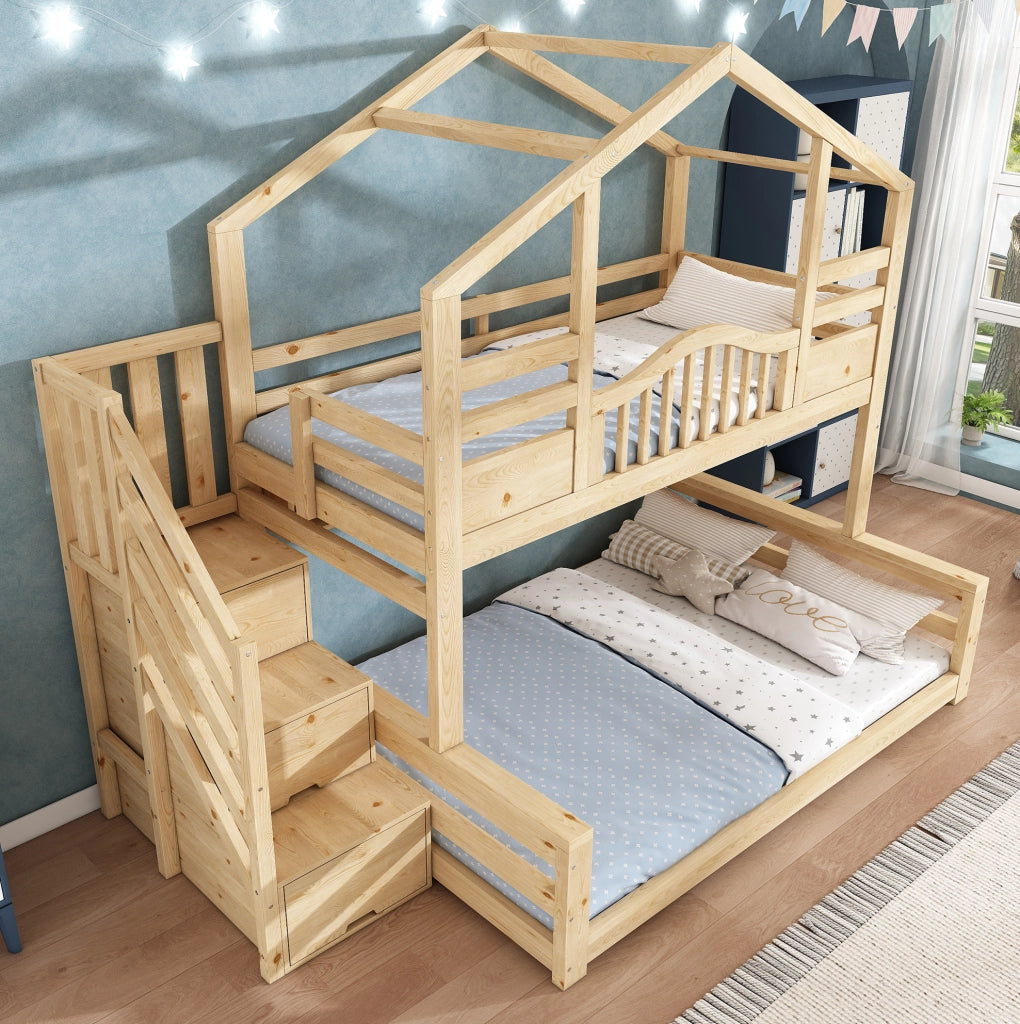 Letto a castello per bambini in legno naturale con scala e guardaroba integrato 90x200/140x200 cm, design sicuro e funzionale