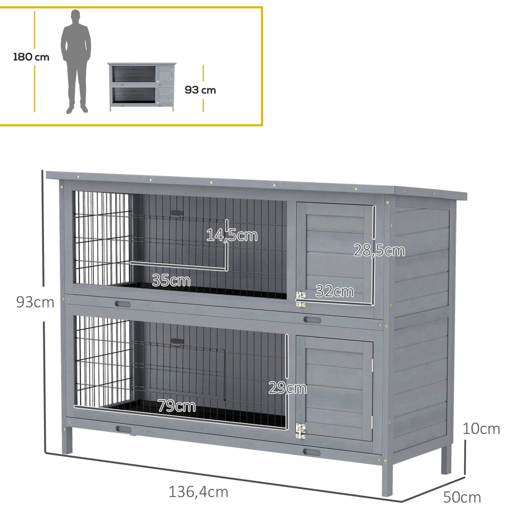 Gabbia per Conigli a 2 Piani ¨C Xylo ¨C Legno Grigio con Tetto 136x50x93cm