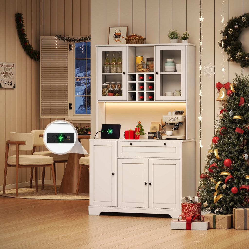Mobile buffet con LED a cambio colore, ripiani regolabili, prese integrate, 180x105x40 cm, bianco e vetro temperato