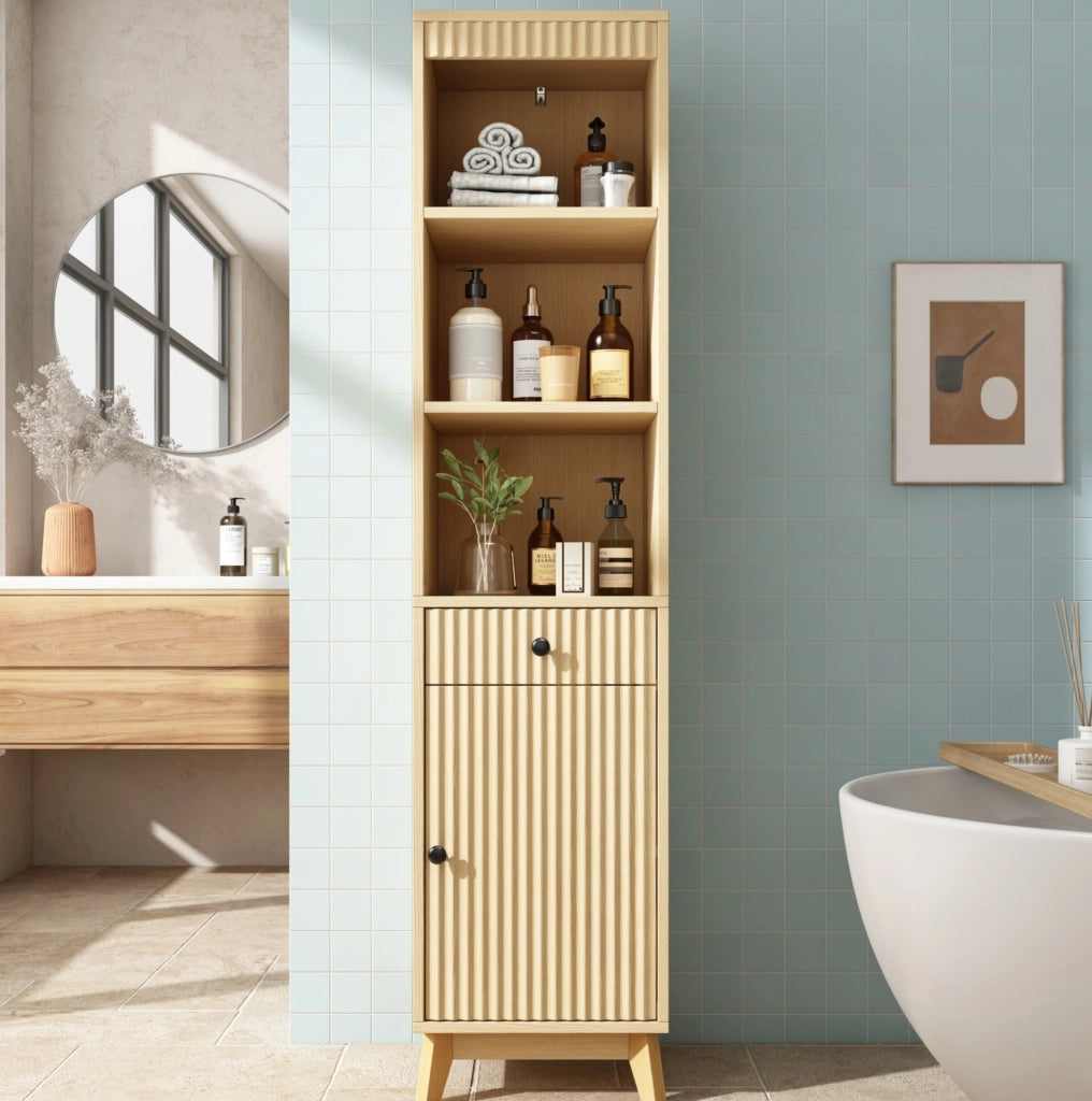 Colonna bagno 40x36x172 cm in MDF effetto legno naturale con anta reversibile e cassetto HAVRYA