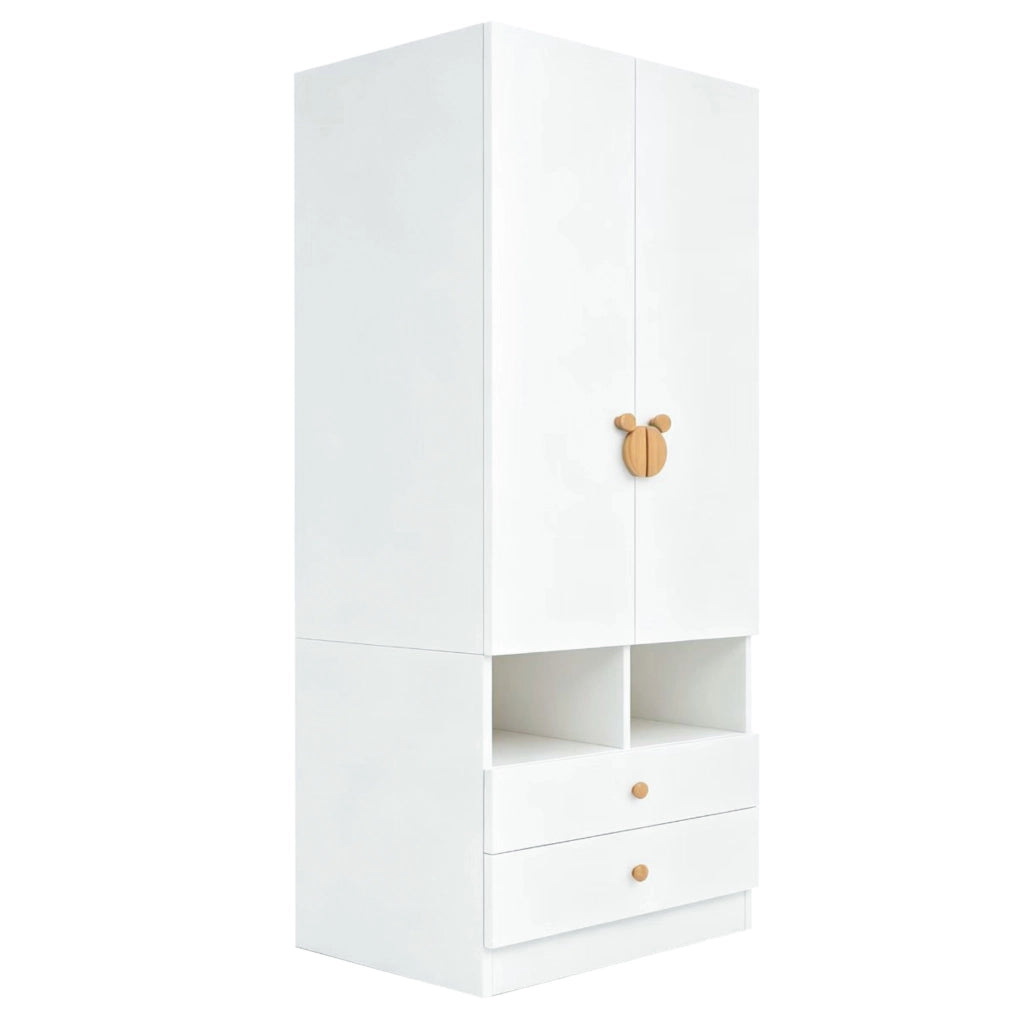 Armadio singolo bianco 70×50×170 cm con due cassetti, maniglie cartoon e piccoli vani portaoggetti