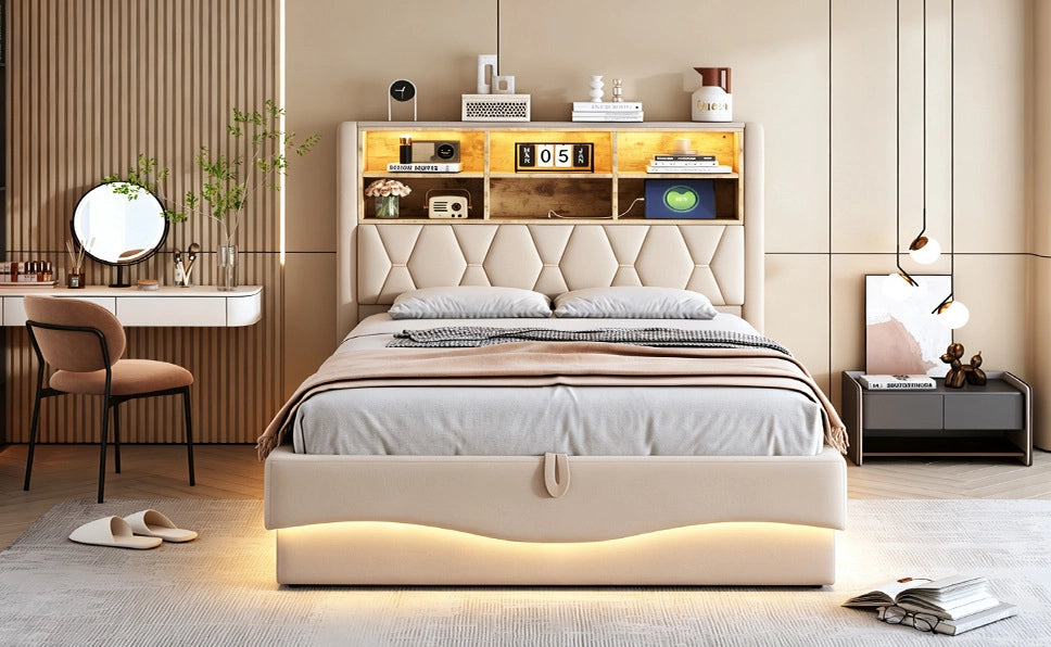 Letto imbottito 140x200 cm con contenitore idraulico, illuminazione LED controllata via app, struttura metallica e rivestimento in lino beige