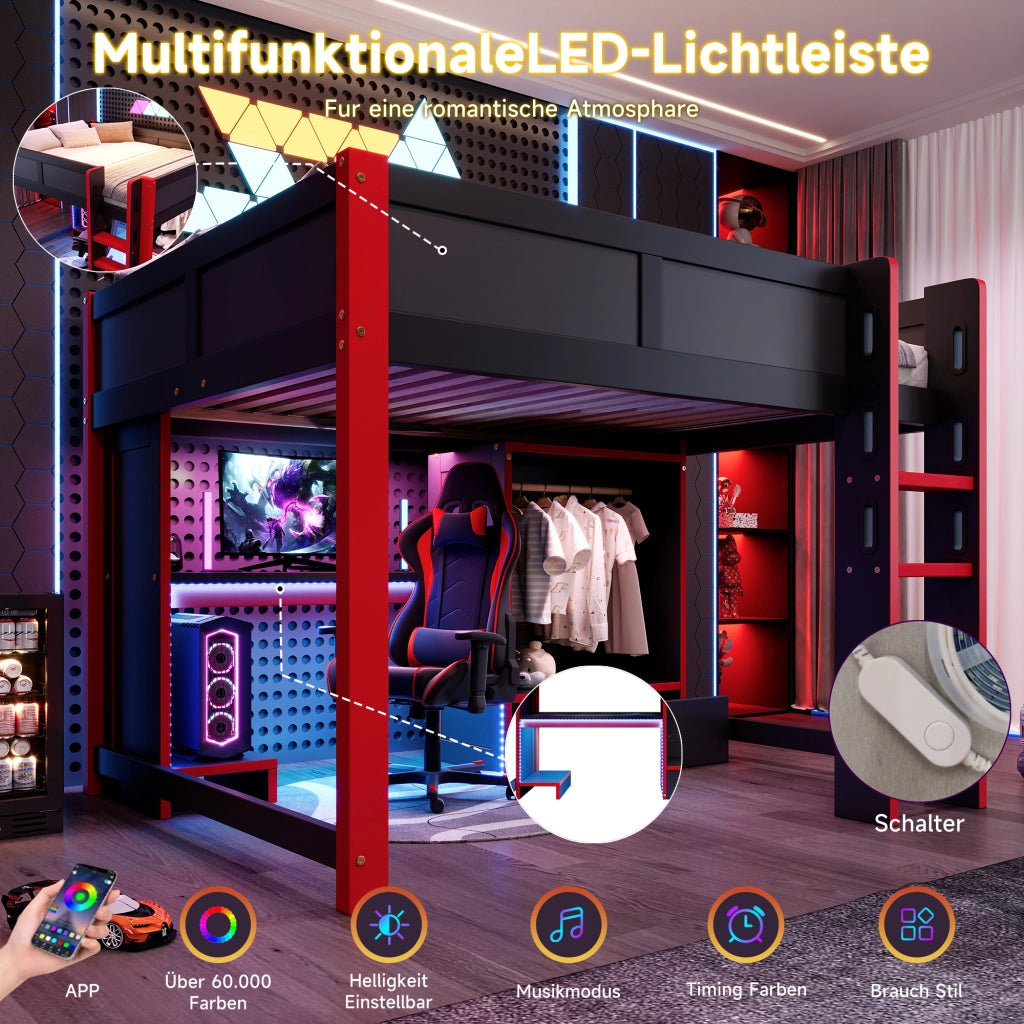 Letto a soppalco 140 × 200 cm con scrivania gaming armadio cassetti ripiani LED RGB scala in legno nero e rosso