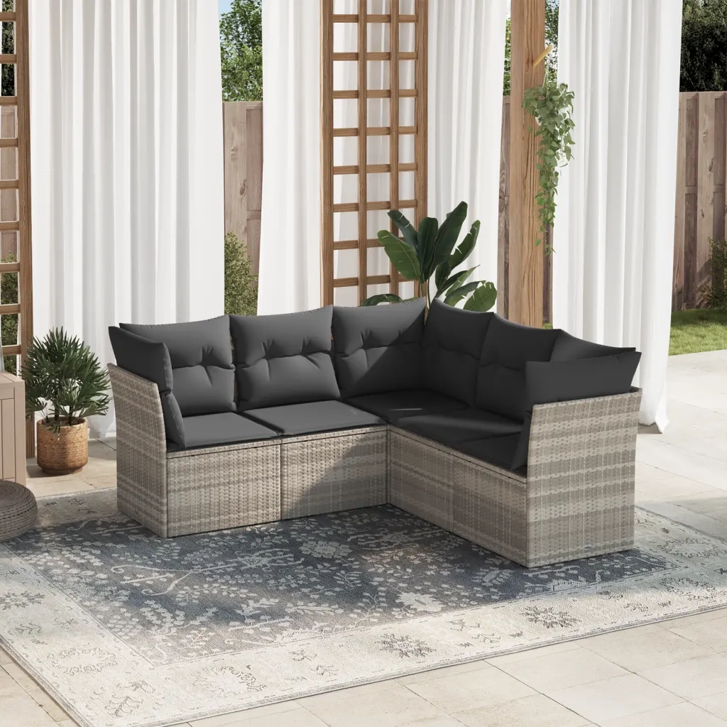 Set Divano da Giardino 5pz con Cuscini Grigio Chiaro Polyrattan