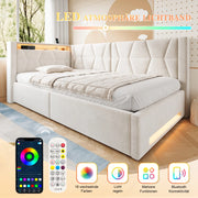 Letto singolo con contenitore 90 × 200 cm idraulico con LED USB e Type-C in velluto beige rete a doghe inclusa