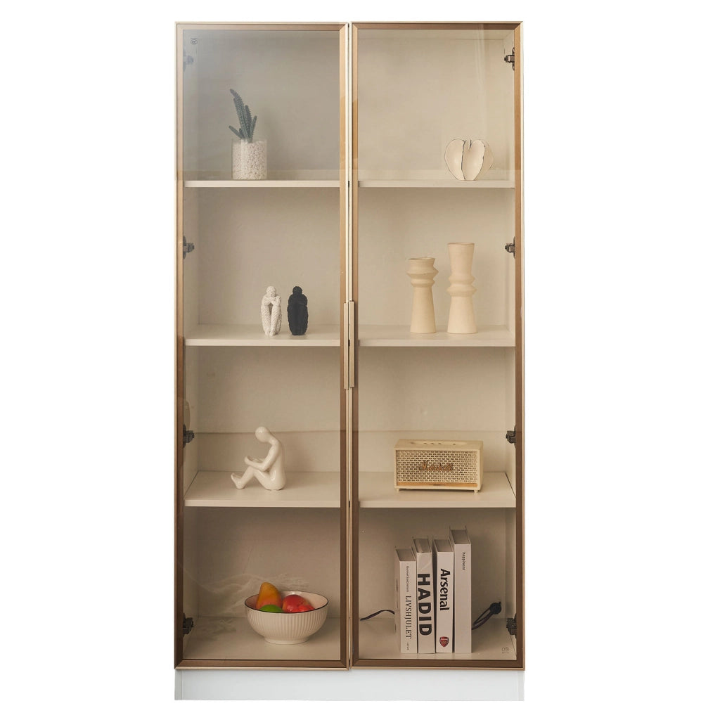 Set di 2 Vetrine in Vetro Bianco con Illuminazione LED, Ante a Battente e Ripiani Regolabili, Mobile Alto 80x40x160 cm per Soggiorno