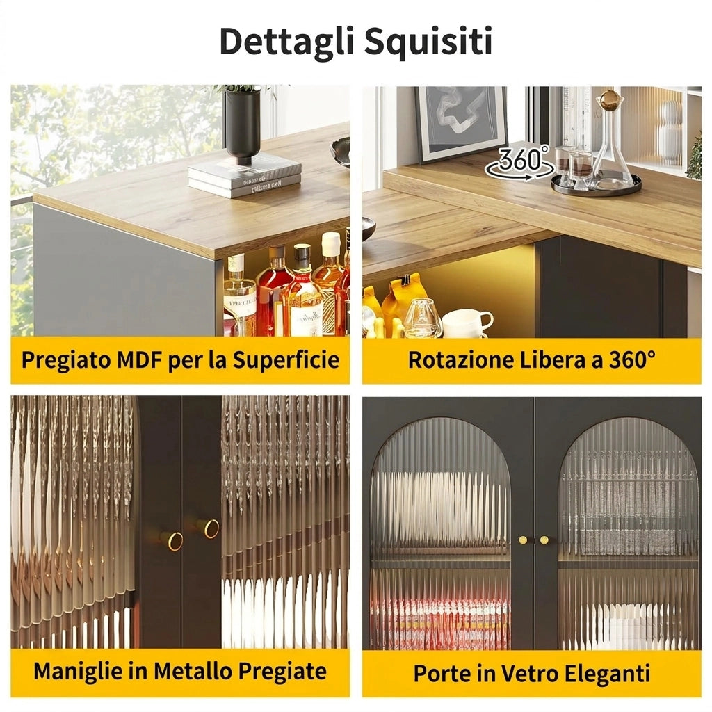 Tavolo da bar girevole 360掳 197 cm con mobile bar nero opaco; piano effetto legno; ante in vetro e LED