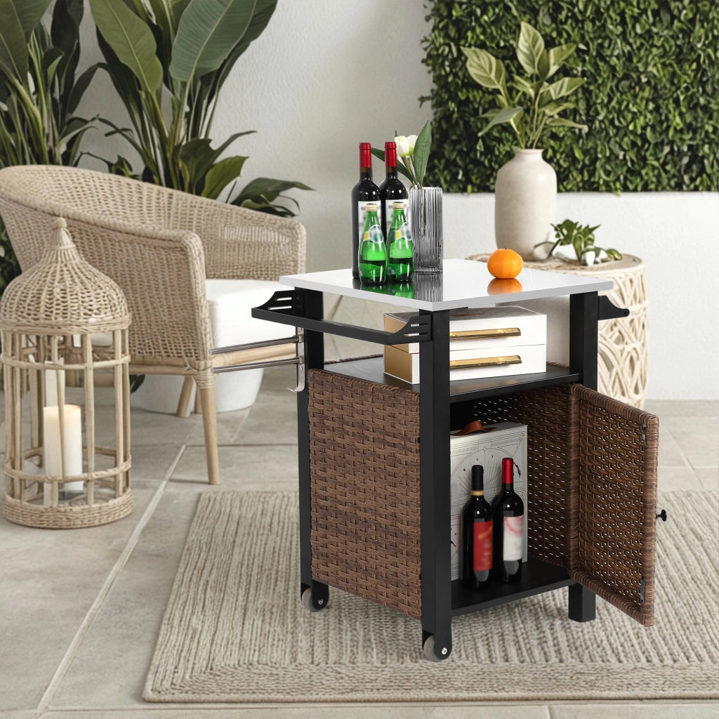Carrello da cucina con ruote, anta, cassetto e ripiani, portabicchieri, per esterno, in acciaio e rattan, marrone