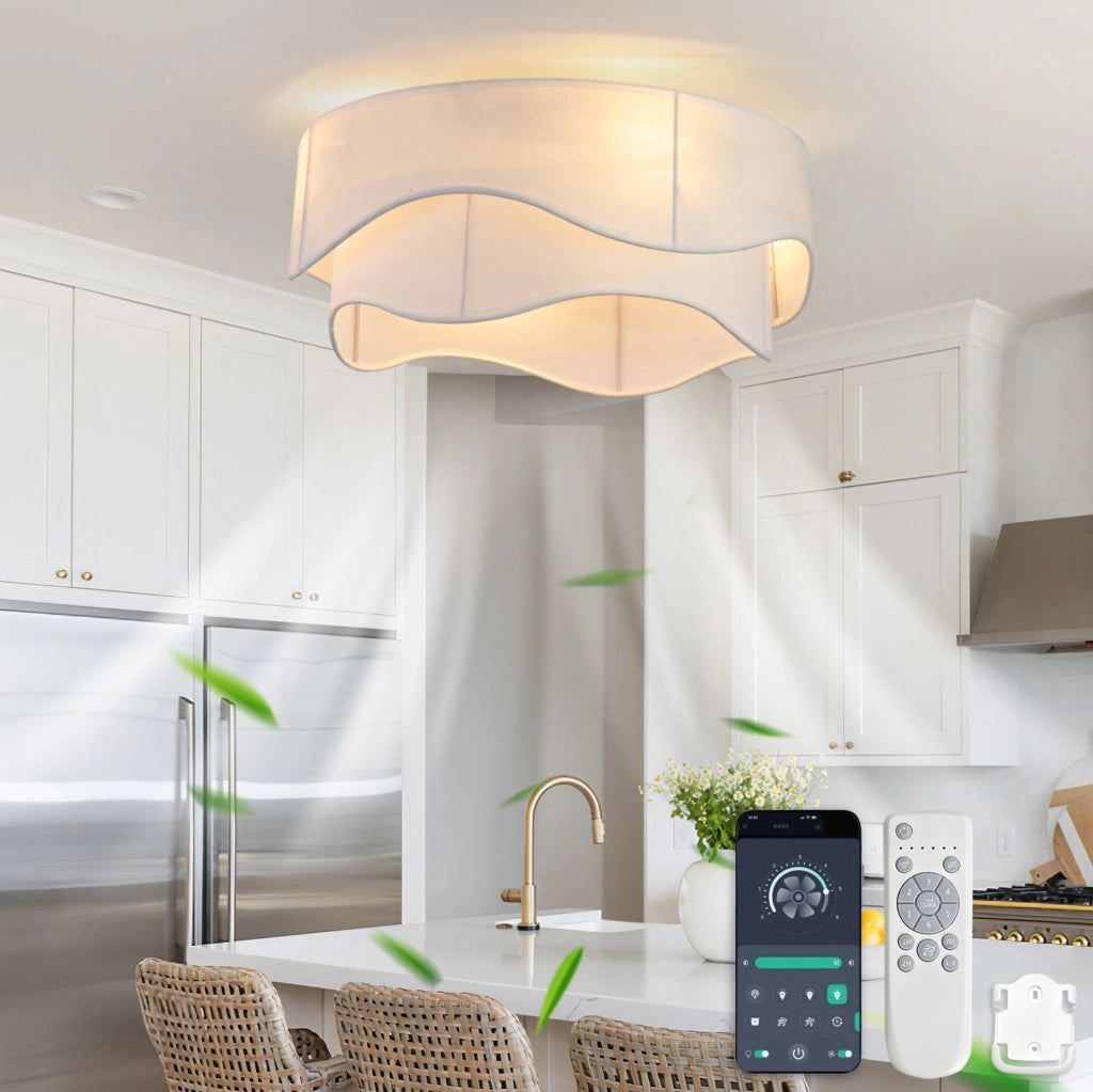 Ventilatore da soffitto con luce in tessuto; controllo Bluetooth e telecomando; oro e bianco