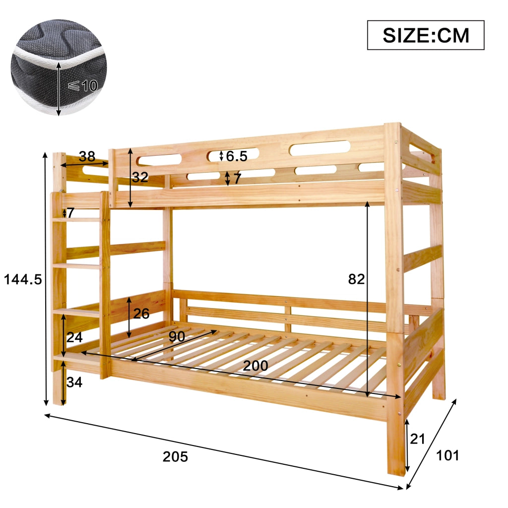 Letto a castello 2 posti per bambini 90×200 cm, divisibile in due singoli, senza materasso, pino naturale