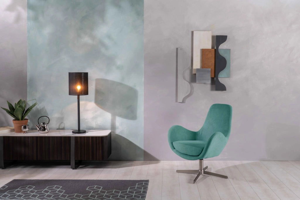 Poltrona Girevole Olga in Tessuto Acquamarina con Base Cromata in Metallo - Design Moderno Sinuoso per Arredo Interno 72x64x85 cm