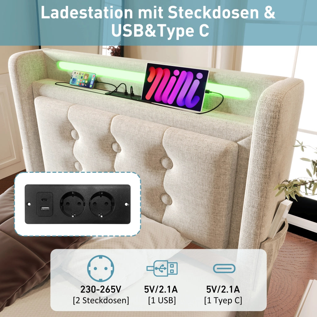 OKWISH Letto contenitore 90×200 cm, Letto Singolo con LED Regolabile, USB, Tipo C e Prese, senza Materasso, in Cotone Lino, Beige