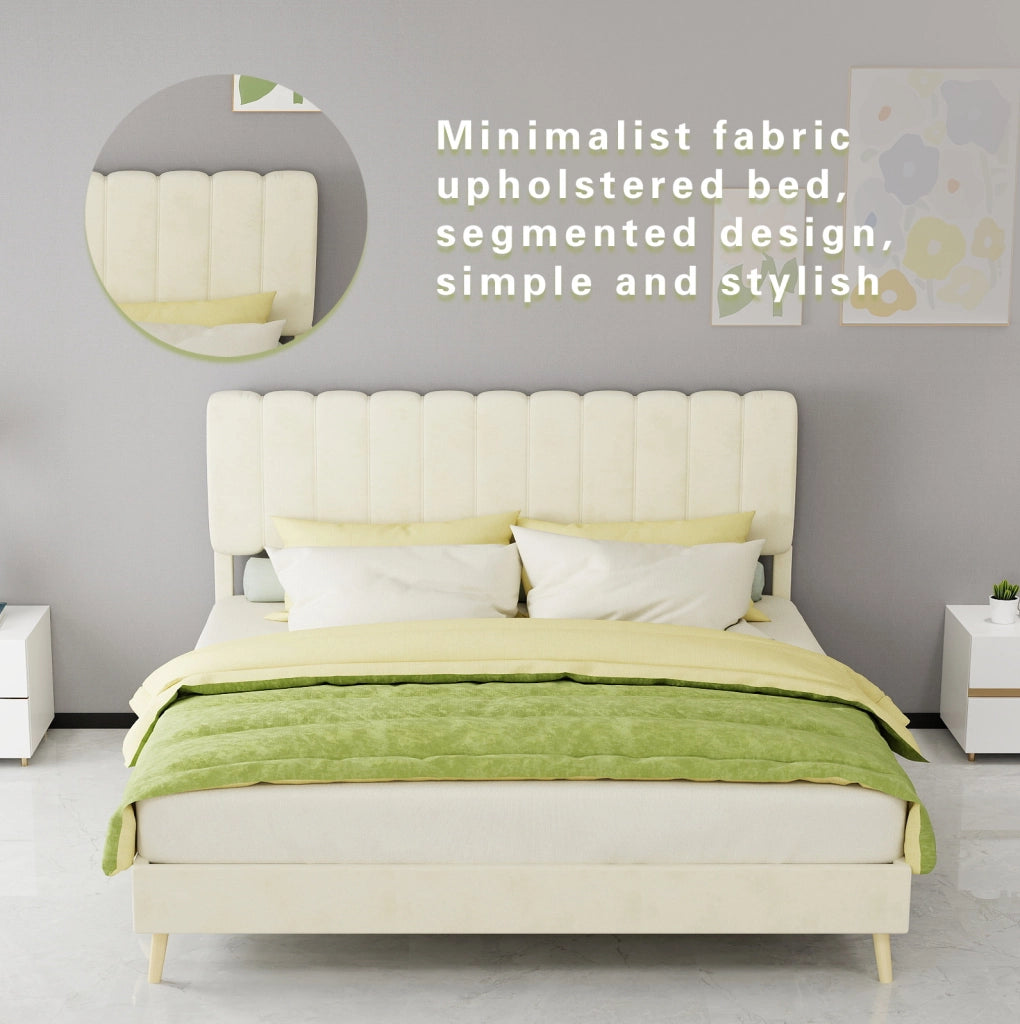 Letto imbottito moderno 160x200 cm beige con testiera morbida e base bassa senza contenitore, materasso incluso