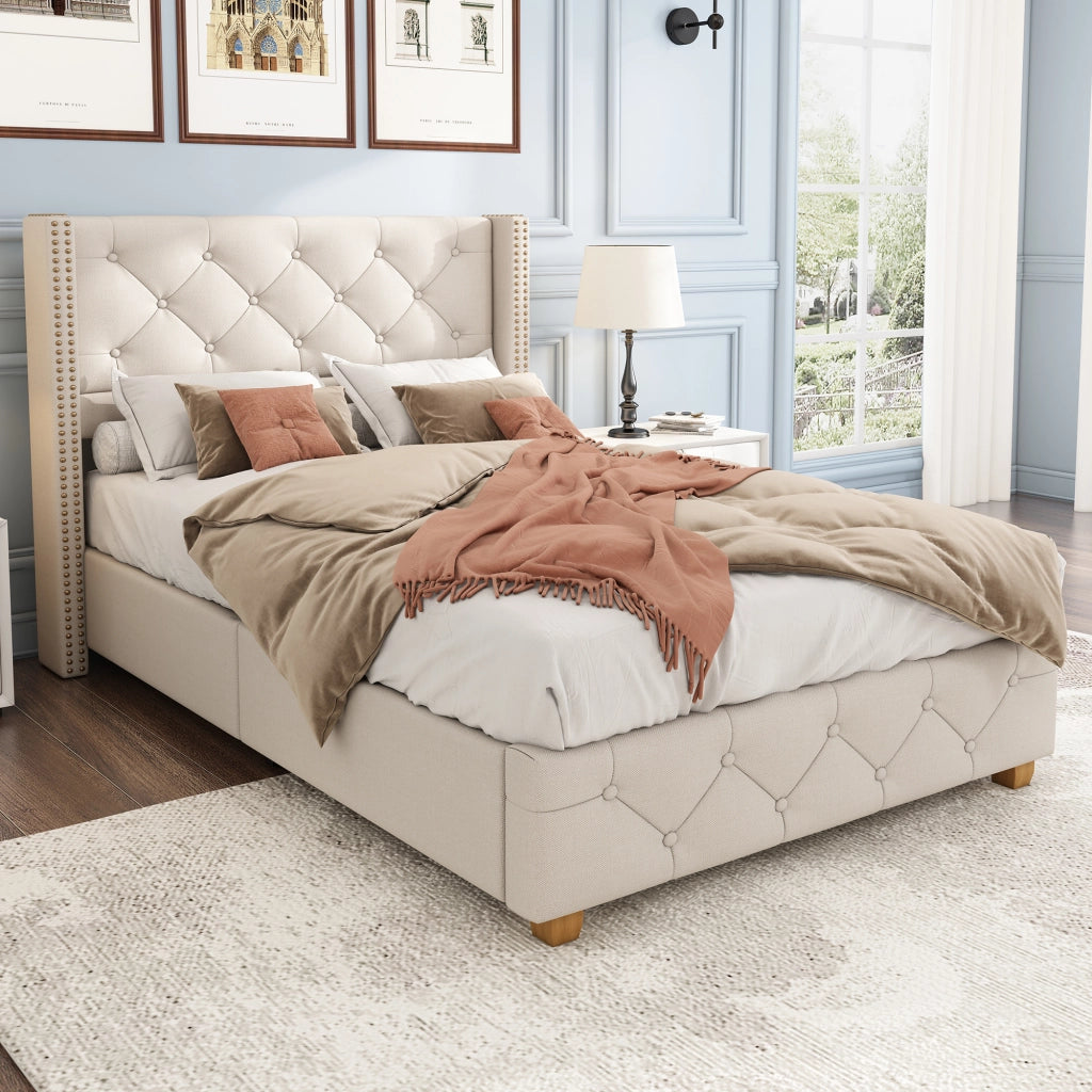 Letto singolo imbottito 90 × 200 cm con rete a doghe testiera in lino beige bottoni rivetti e gambe in legno