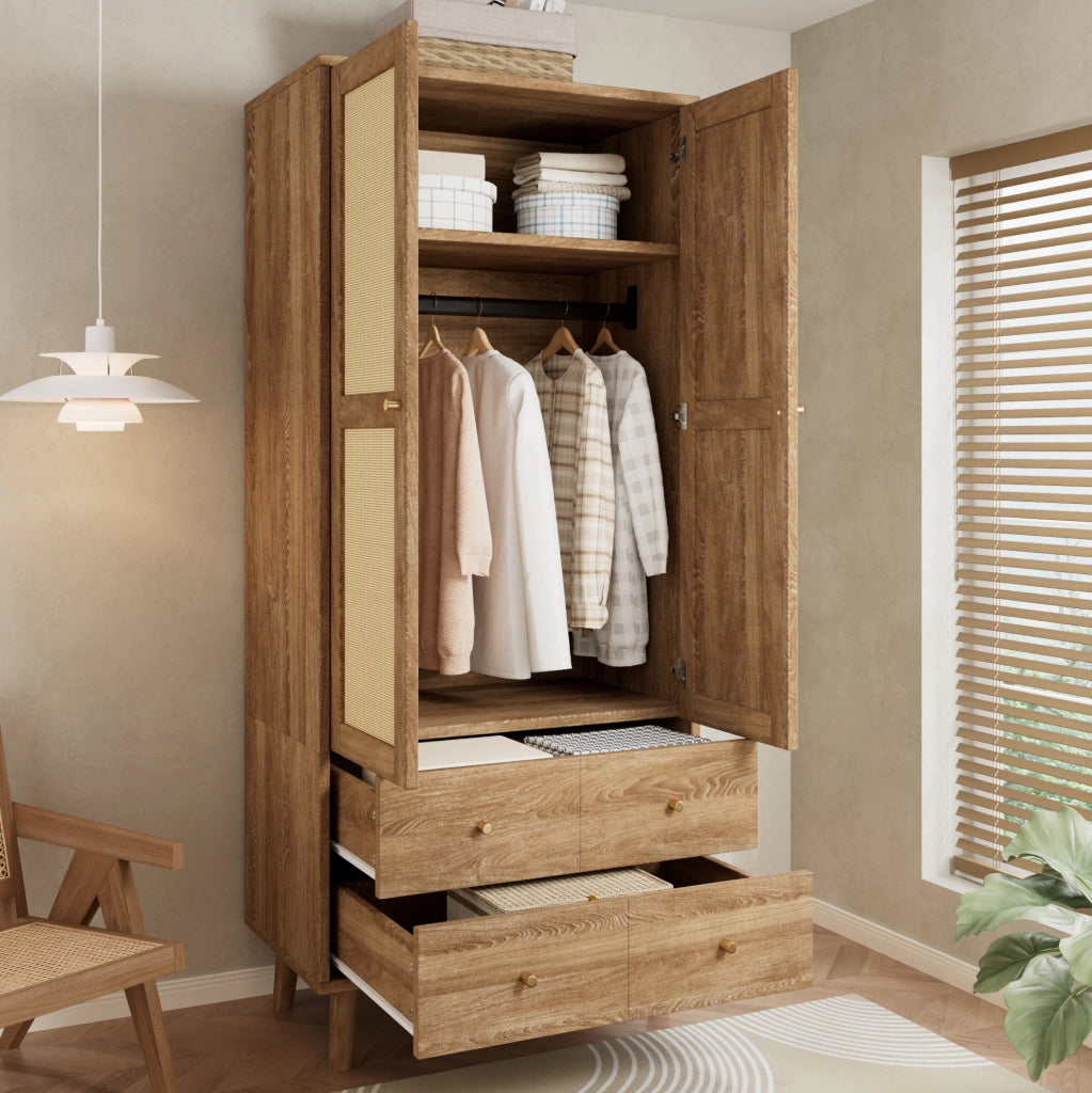 Armadio guardaroba in MDF con effetto legno scuro e ante in rattan, 80x50x180 cm, con appendiabiti, ripiani e 2 cassetti