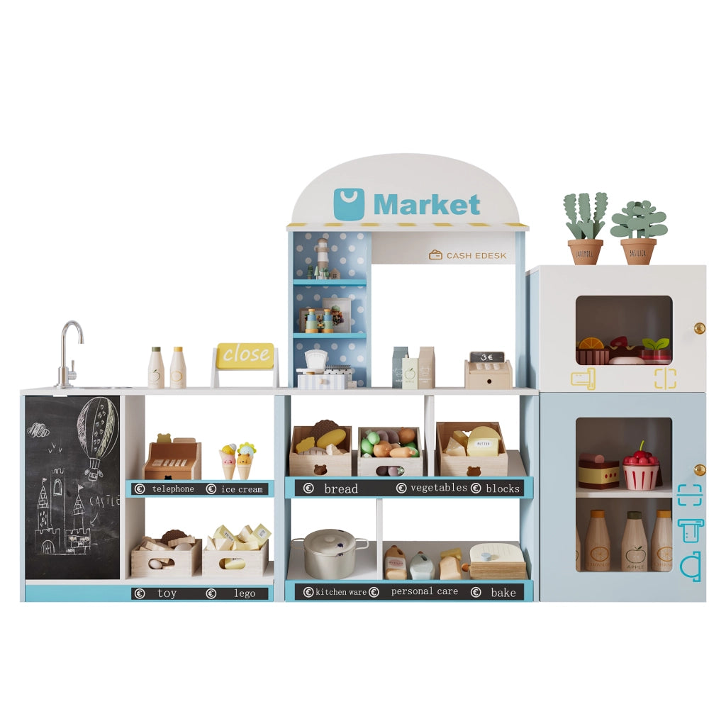 Magasin Jouet Enfant en Bois 155x30x107;5 cm avec Étagères Réfrigérateur Tableau et Comptoir Bleu
