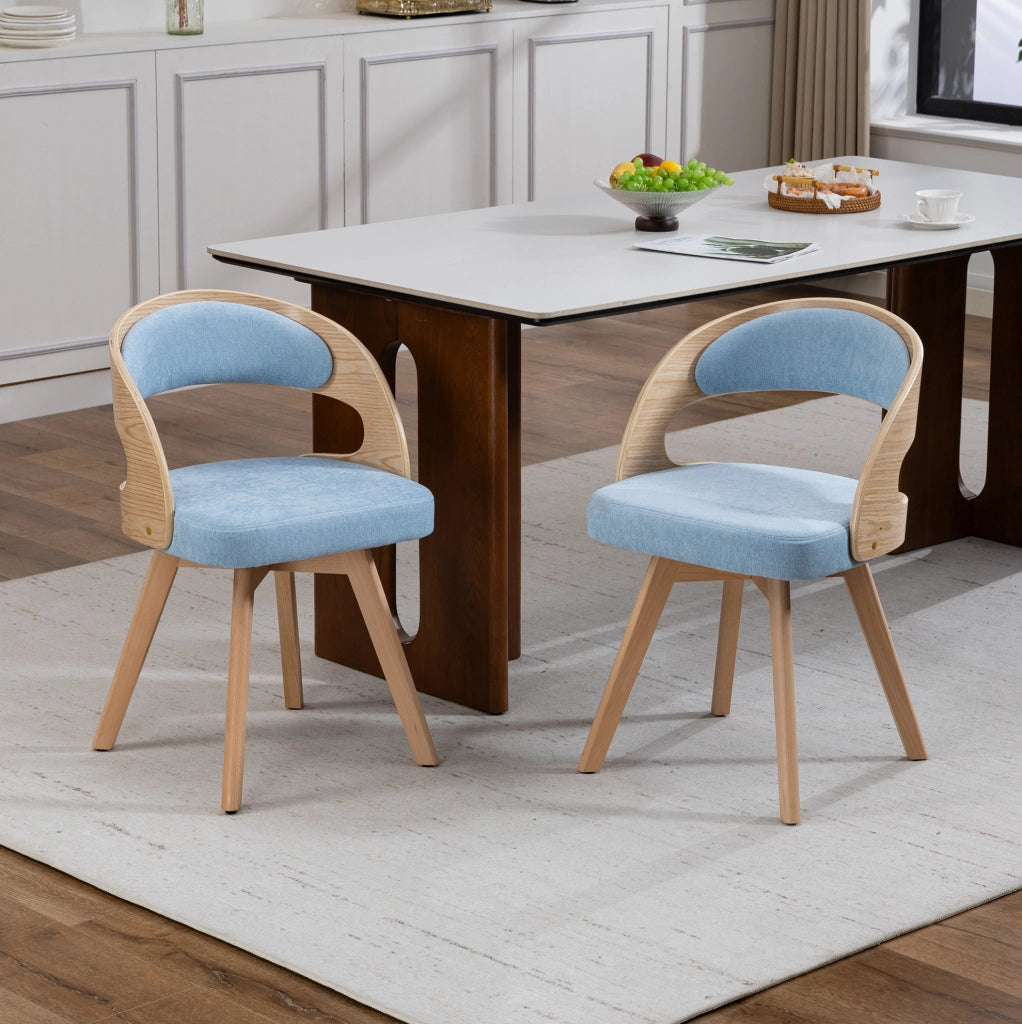 Set 2 sedie da pranzo girevoli a 360° in lino blu con gambe in faggio HOMVRA