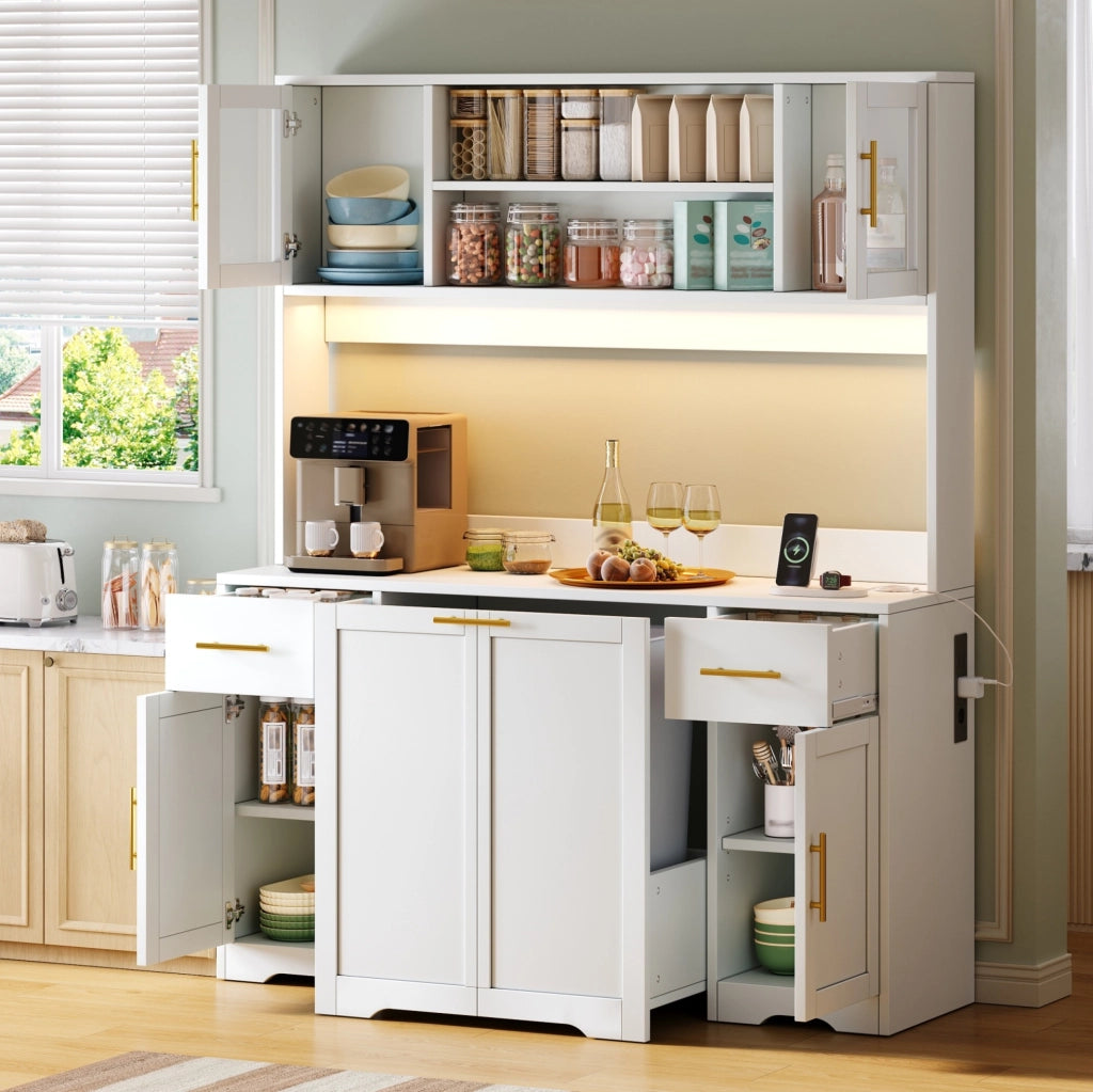 Credenza cucina multifunzionale 140x40x173 cm in MDF bianco con LED RGB e prese