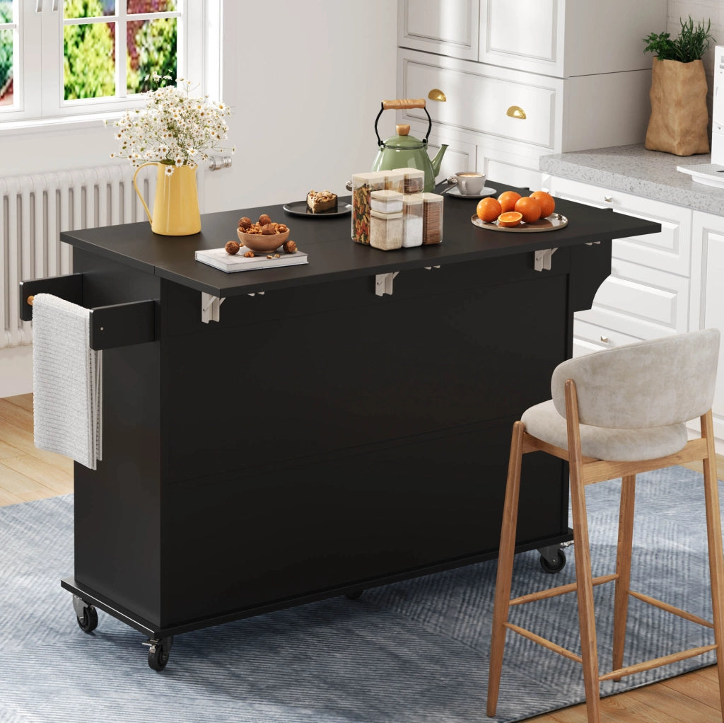 Carrello da cucina 120x45x95 cm con piano ribaltabile e 5 ruote in MDF; nero