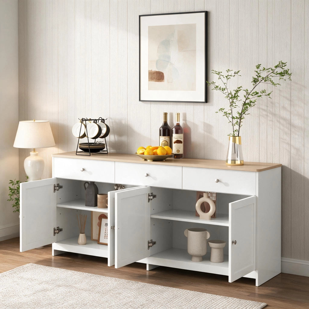 Mobiletto con cassetti 160x37x75 cm credenza 4 ante 3 cassetti ripiani regolabili in legno - bianco e naturale