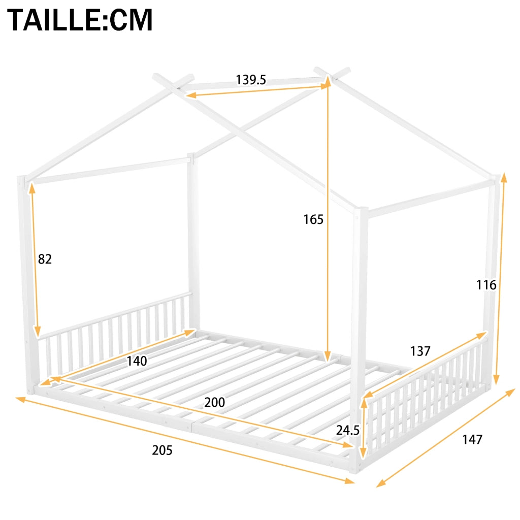 Letto per bambini 140×200 cm 2 posti con struttura a casetta resistente; senza materasso; in metallo; bianco