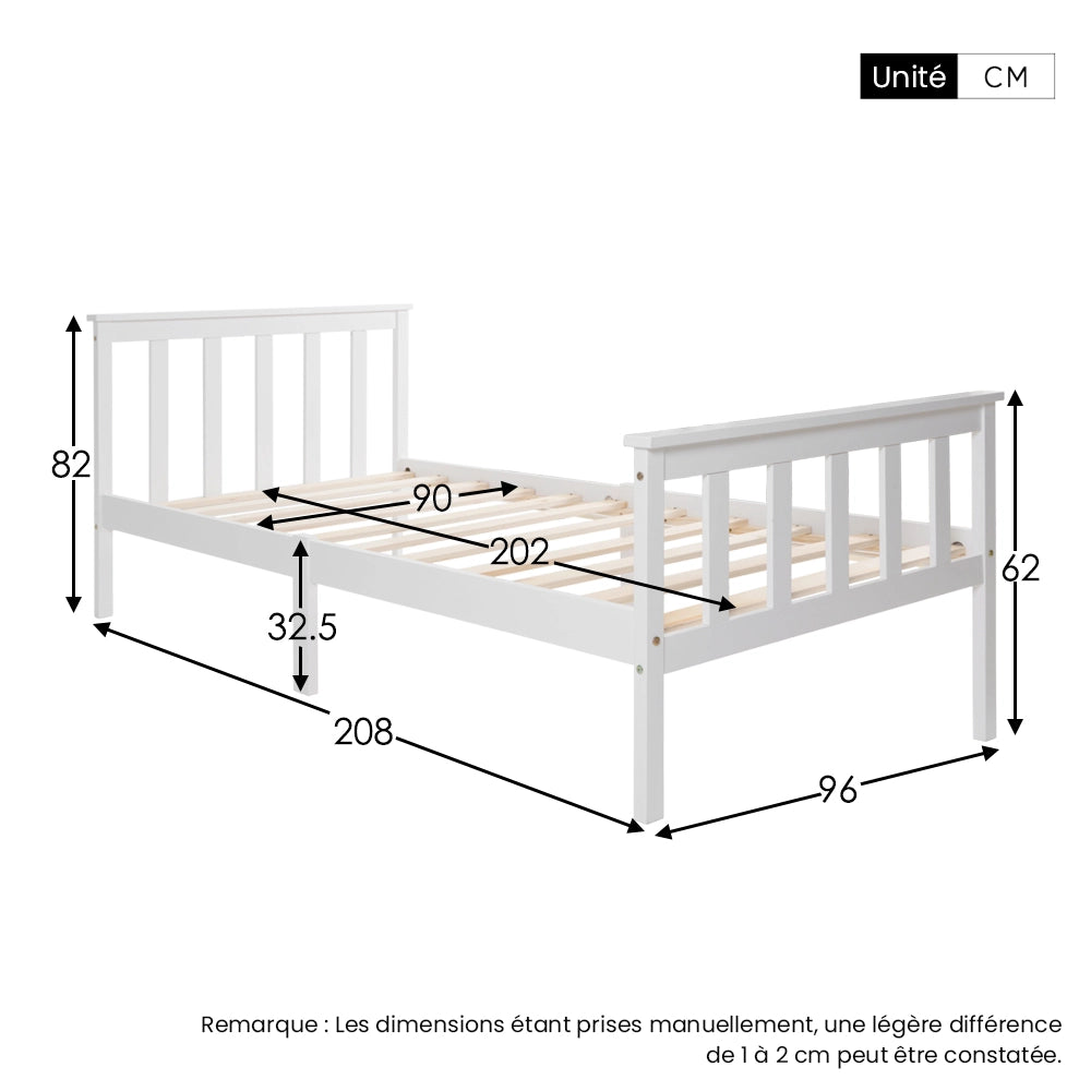 Letto Singolo 90 x 200 cm con Testiera e Rete a Doghe; in Legno Massello Bianco