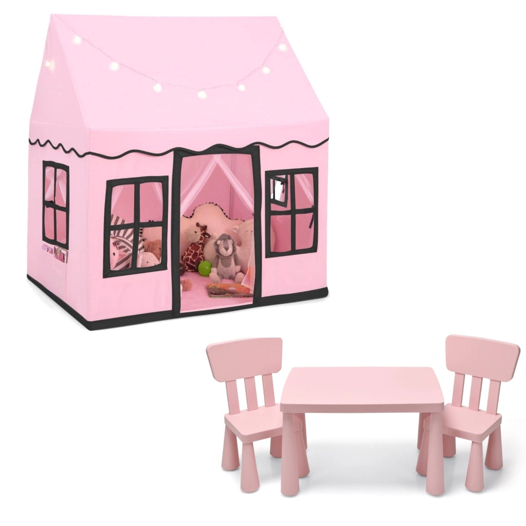 Tenda da gioco per bambini e set con tavolo e 2 sedie per bambini, Casetta per interni ed esterni e set con tavolo e 2 sedie Rosa