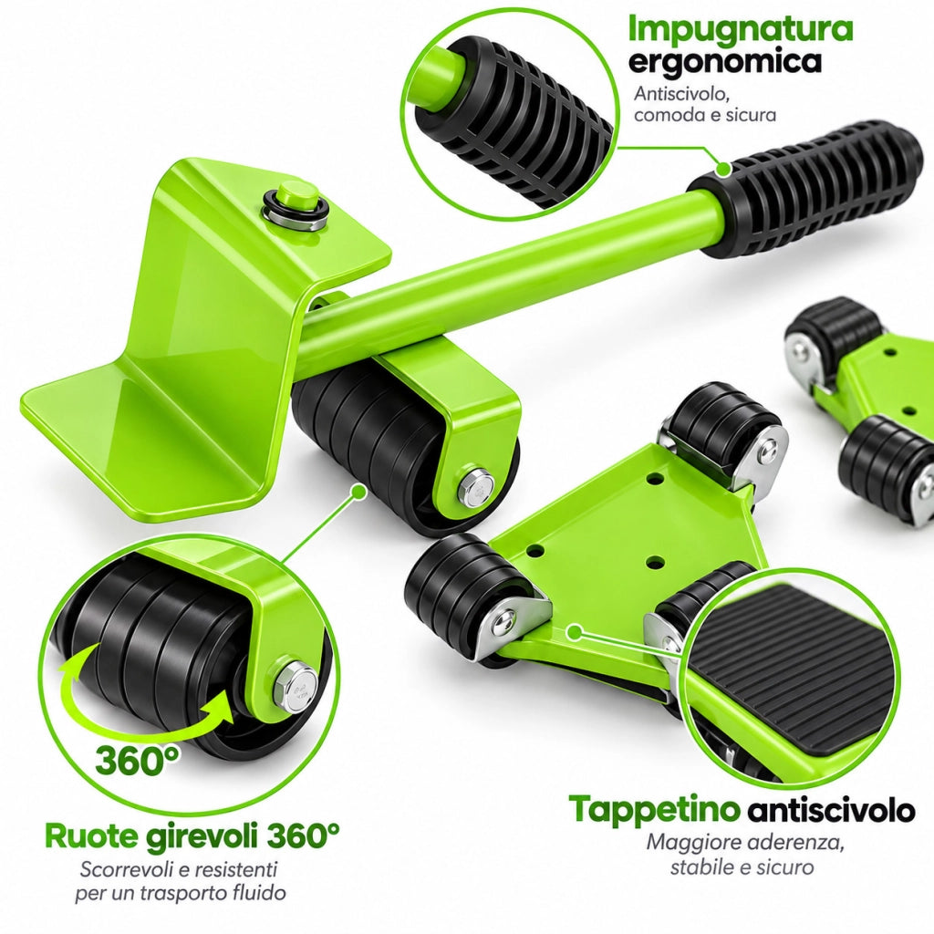 TRASPORTATORE MOBILI 240KG 4 CARRELLI LEVA RUOTE SOLLEVA LAVATRICE FRIGO 08989