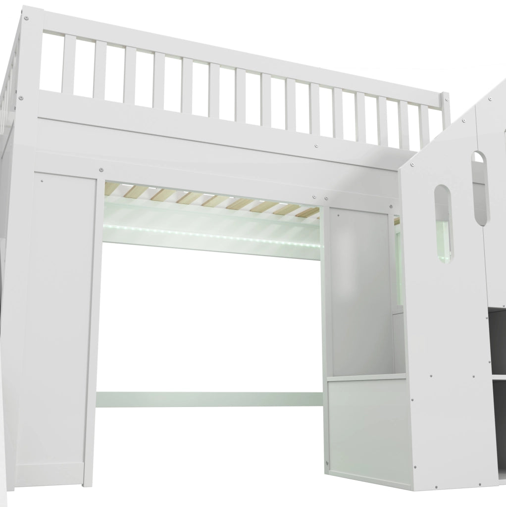 Letto per bambini con scivolo, scala contenitore e luce LED 90 x 200 cm