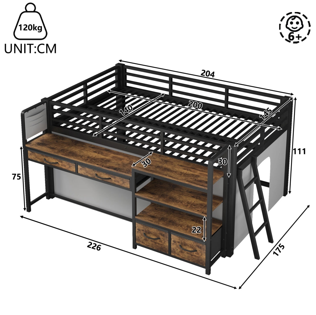 Letto a soppalco ULEVR 140x200 cm con scrivania, ripiani, cassetti in tessuto e LED multicolore, nero