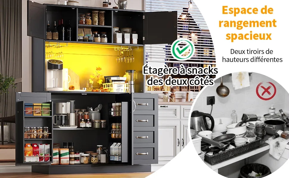 Mobile contenitore 120x40x188 cm, 4 ante e 2 grandi cassetti, con illuminazione LED, ripiano snack e portabottiglie, verde/nero/bianco