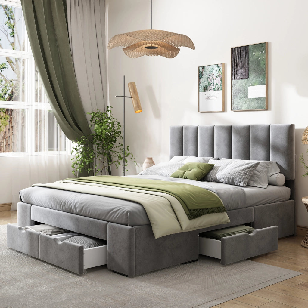 Letto imbottito grigio 140x200 cm in velluto con rete e 4 cassetti