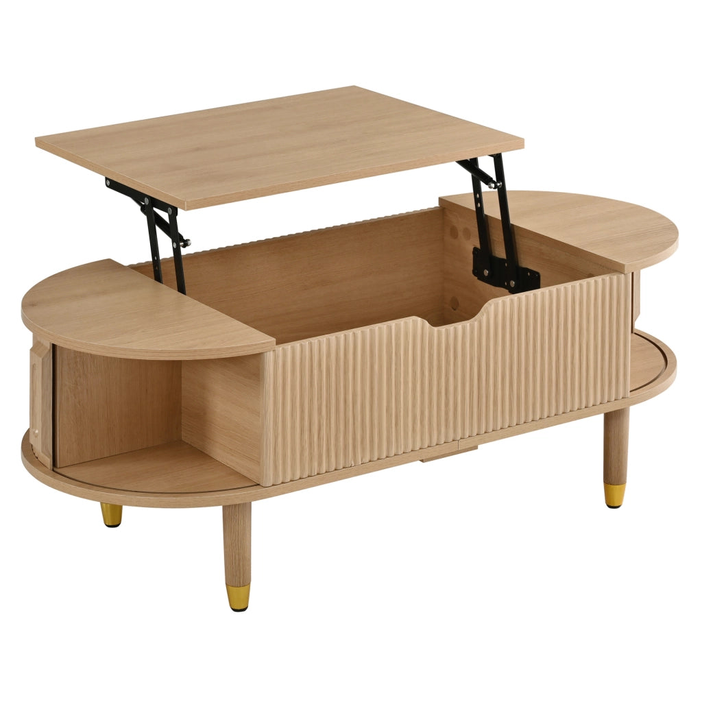 Tavolino da salotto ovale con piano a sollevamento idraulico, MDF e piedi in legno di gomma, ante scorrevoli con motivo rigato