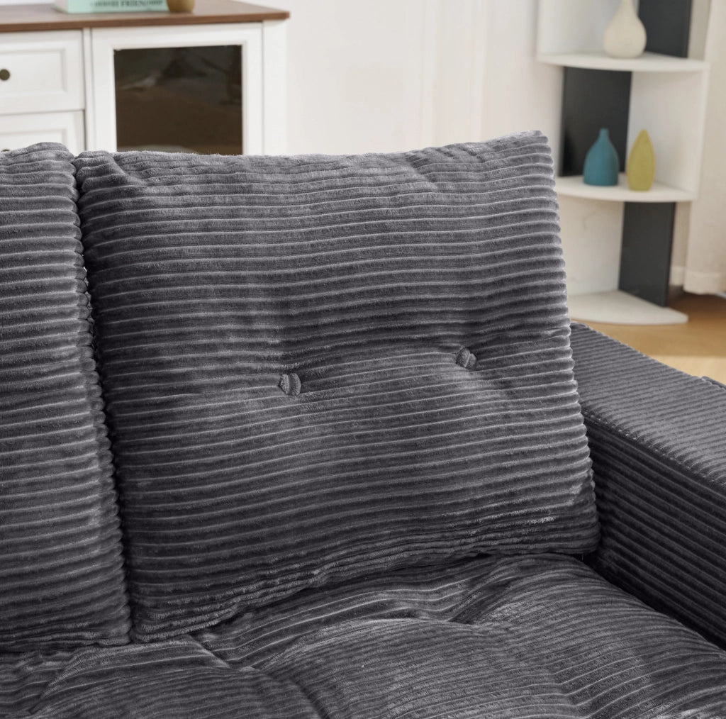 Divano due posti con braccioli larghi, tasche laterali e funzione letto, colore grigio