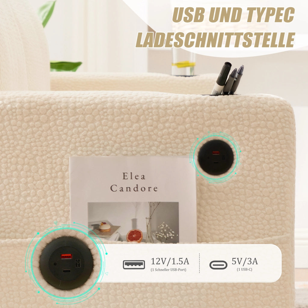 Divano 2 posti - con USB-C; luci LED; portabicchieri e tasche laterali - in chenille beige