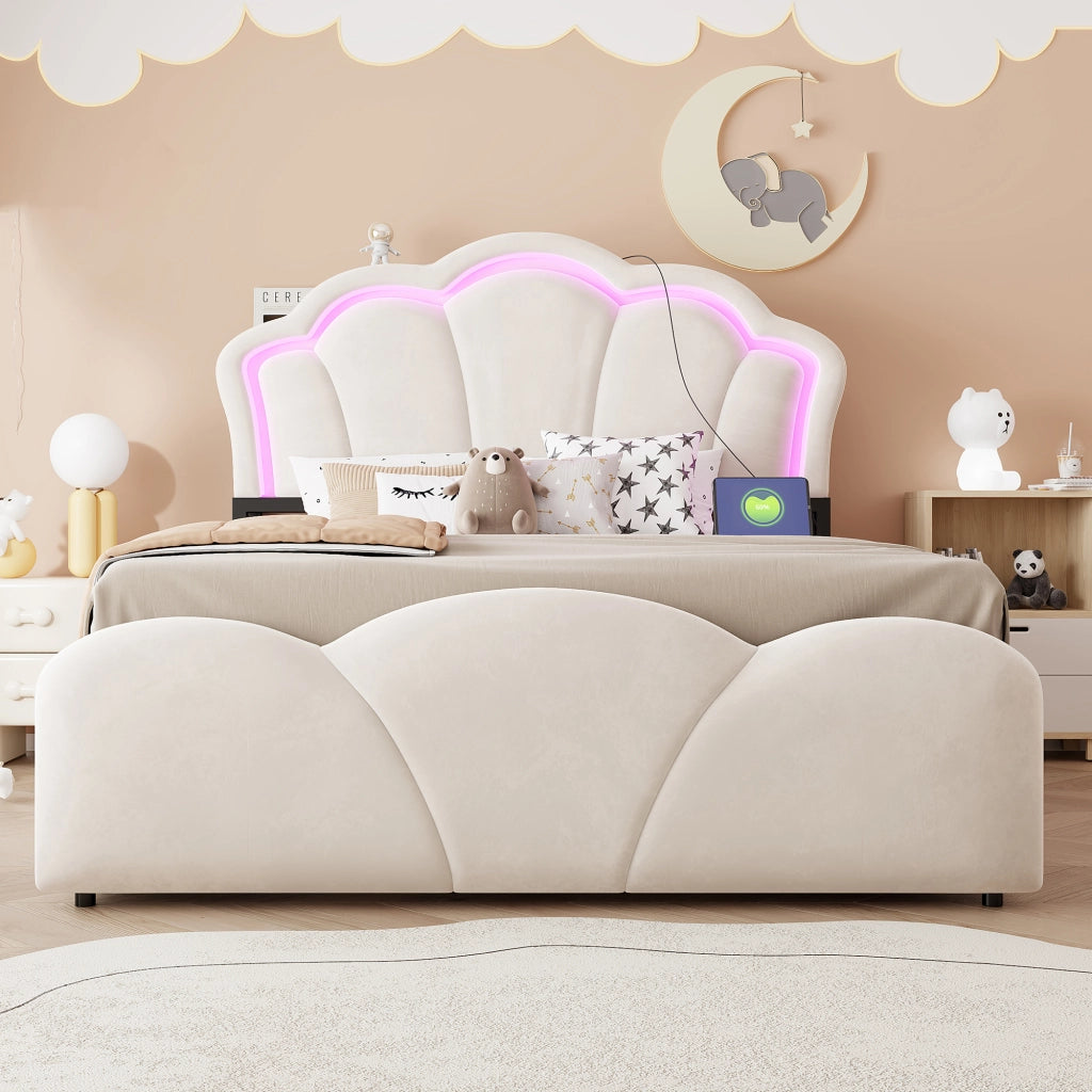 Letto imbottito 140 × 200 cm con contenitore idraulico in velluto beige LED prese e vani nella testiera
