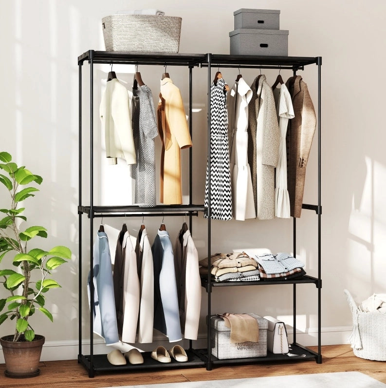 Appendiabiti 142x43x185 cm in metallo nero con 4 ripiani, senza fissaggio
