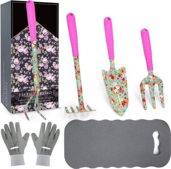 Set di attrezzi per giardinaggio per donne con stampa elegante - zappatrice, forchetta, manubrio, coltello per la coltivazione, guanti per giardinaggio e cuscino per ginocchia