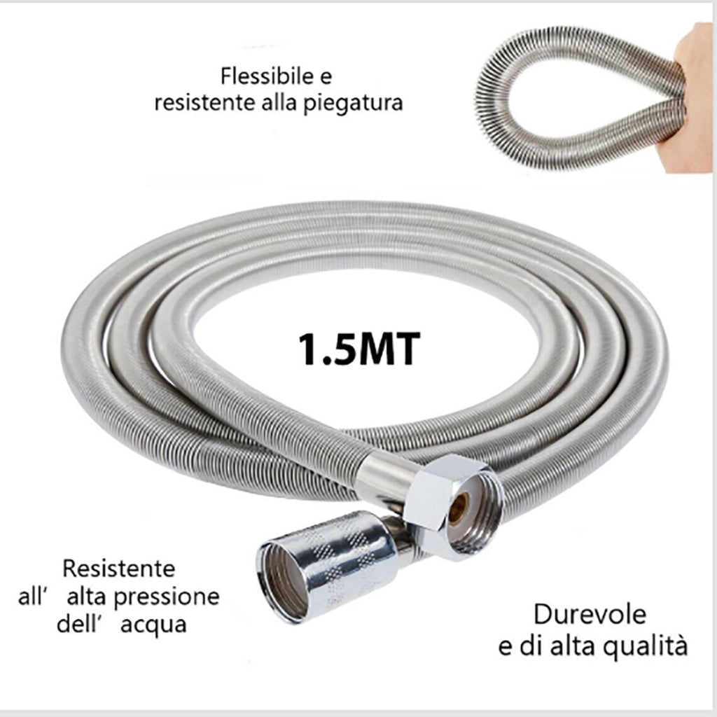 TUBO FLESSIBILE SOFFIONE DOCCINO DOCCIA VASCA BAGNO 1,5MT ACCIAIO CROMATO 01983